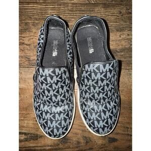 Michael Kors Kids Size 2 Leather Monogram Slip On Tennis Shoes Black/White
